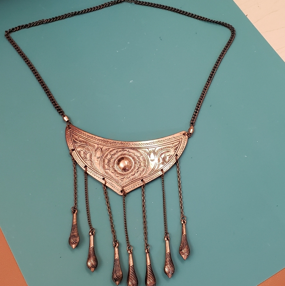 VM brand, vintage copper brass plate dangle statement necklace